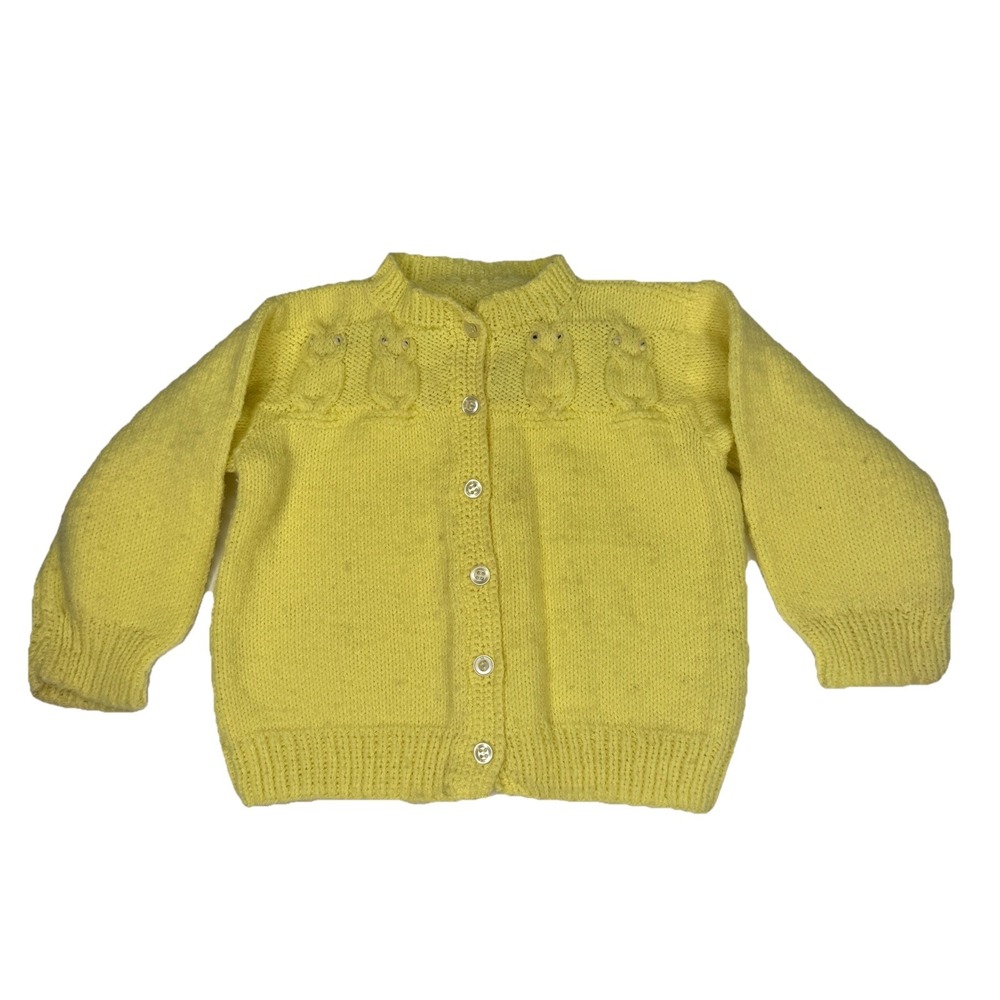 Vintage Baby 1960's Infant Knitted Yellow Owl Sweater Cardigan 22in Bust APX 18